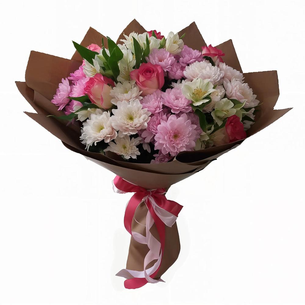Букет Розовое очарование в Нижневартовске Букет цветов из: Хризантемы, Альстромерии и Розы в Нижневартовске